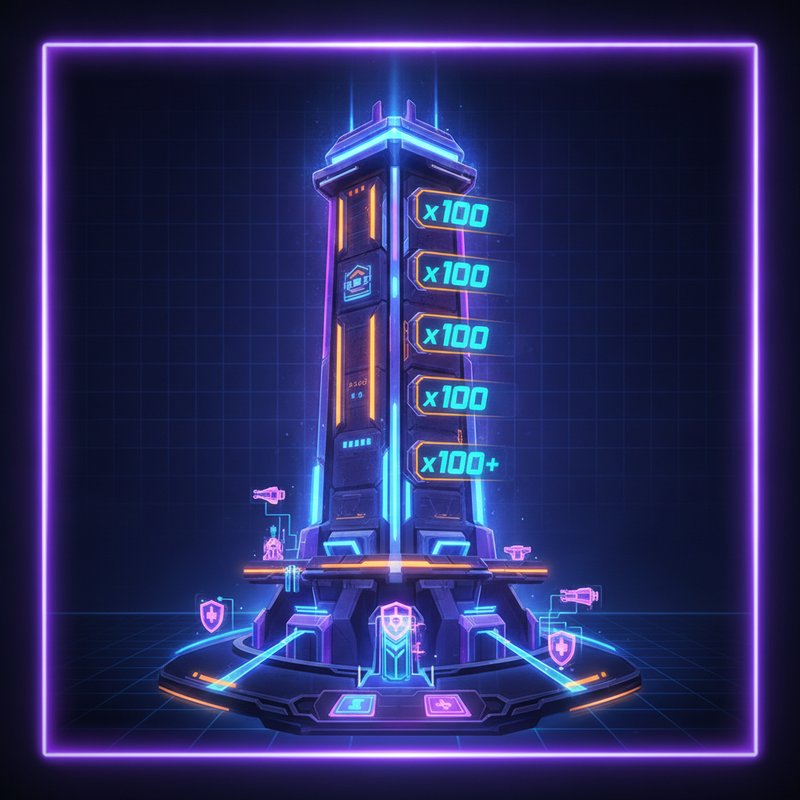 Tower Rush slot machine con torre verticale illuminata da neon, moltiplicatori progressivi e meccaniche di gioco strategiche in stile cyber futuristico